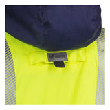 Close-up of the back of the NSA DRIFIRE FR Hi-Vis Insulated Jacket JKT-01C3-HV, featuring a high-visibility yellow flame resistant design with reflective strips and a black “DRAFFIRE” label below the collar. This jacket is ANSI/ISEA 107 compliant, providing enhanced safety and visibility.