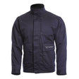 The NSA DRIFIRE FR Insulated Jacket JKT-01UD is navy blue with long sleeves, front pockets, and a high collar. The left pocket flap features the DAFIRE logo. The jacket is displayed against a plain white background.