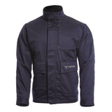 The NSA DRIFIRE FR Insulated Jacket JKT-01UD is navy blue with long sleeves, front pockets, and a high collar. The left pocket flap features the DAFIRE logo. The jacket is displayed against a plain white background.