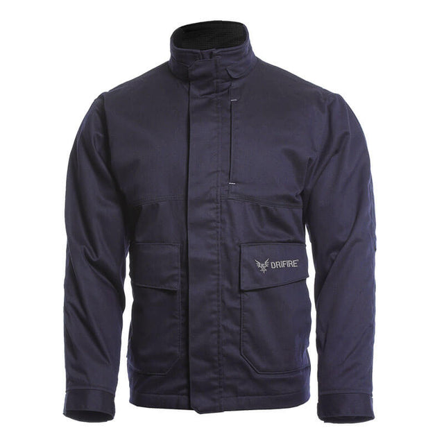 The NSA DRIFIRE FR Insulated Jacket JKT-01UD is navy blue with long sleeves, front pockets, and a high collar. The left pocket flap features the DAFIRE logo. The jacket is displayed against a plain white background.