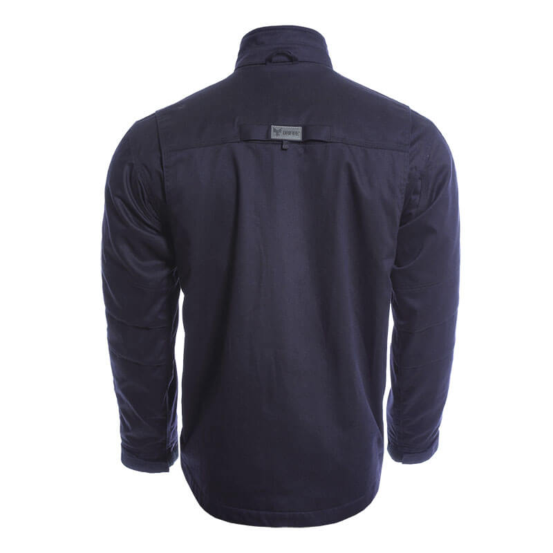 The back view shows the NSA DRIFIRE FR Insulated Jacket JKT-01UD in navy blue, featuring a tag below the collar and a classic fit design for a timeless, simple appearance.