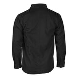 The NSA DRIFIRE FR Range Flex Shirt Jacket JKT-6B is a black, long-sleeve button-up with a straight collar and buttoned cuffs. Shown from the back, it has a simple, clean design—ideal flame-resistant workwear with no visible logos or patterns.