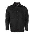 The NSA DRIFIRE FR Range Flex Shirt Jacket JKT-6B in black features long sleeves, a collar, chest pockets, and red accents—flame resistant workwear that delivers style and safety. Displayed on a white background.