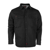 The NSA DRIFIRE FR Range Flex Shirt Jacket JKT-6B in black features long sleeves, a collar, chest pockets, and red accents—flame resistant workwear that delivers style and safety. Displayed on a white background.