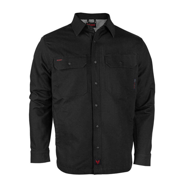 The NSA DRIFIRE FR Range Flex Shirt Jacket JKT-6B in black features long sleeves, a collar, chest pockets, and red accents—flame resistant workwear that delivers style and safety. Displayed on a white background.
