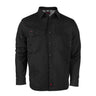 The NSA DRIFIRE FR Range Flex Shirt Jacket JKT-6B in black features long sleeves, a collar, chest pockets, and red accents—flame resistant workwear that delivers style and safety. Displayed on a white background.