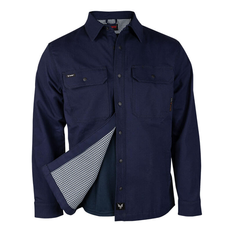 The NSA DRIFIRE FR Range Flex Shirt Jacket (JKT-6B) in navy blue features long sleeves, two chest pockets, and a partially open front showing its blue and white checkered inner lining.