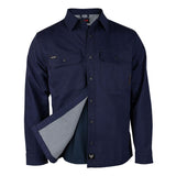 The NSA DRIFIRE FR Range Flex Shirt Jacket (JKT-6B) in navy blue features long sleeves, two chest pockets, and a partially open front showing its blue and white checkered inner lining.