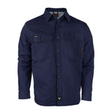 The NSA DRIFIRE FR Range Flex Shirt Jacket JKT-6B in navy features long sleeves, a button-up front, two chest pockets, and a collar—ideal flame-resistant workwear combining safety and style.