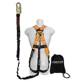 A white mannequin wears the Frontline Combat Compliance Kit Harness with a 6' single leg lanyard from Frontline Fall Protection. Next to it is a black "FRONTLINE FALL PROTECTION" drawstring bag, making this a reliable compliance kit.