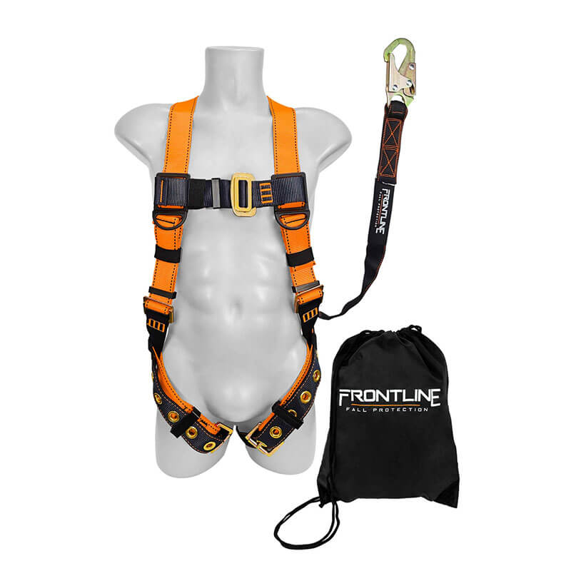A mannequin torso displays the Frontline Fall Protection Combat Compliance Kit Harness with orange and black webbing, metal buckles, a 6' single leg lanyard featuring a carabiner, and a branded compliance kit carrying bag.