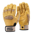 The Petzl Cordex Plus Midweight Belay and Rappel Glove K53 in tan features reinforced goat leather, abrasion-resistant stretch nylon, velcro wrist straps, mesh details, and the Petzl logo. Both palm and back are visible. Ideal for belaying and rappelling.