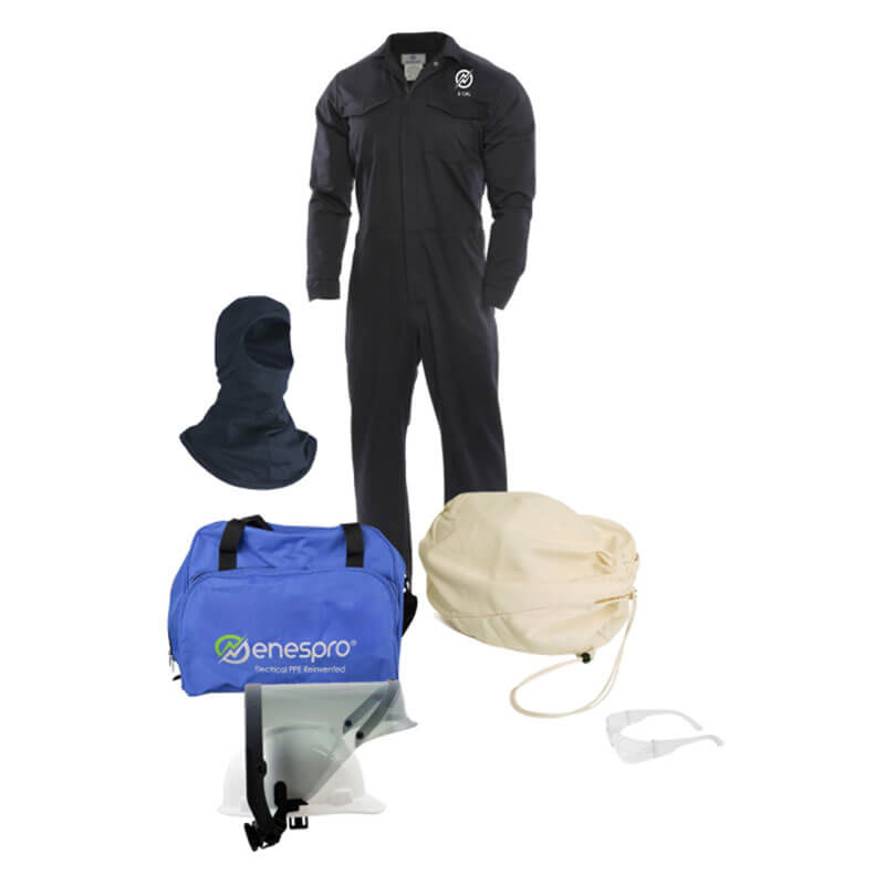 The NSA Enespro ArcGuard 8 cal Coverall Arc Flash Kit, which includes a dark jumpsuit and hood, is paired with an ArcGuard duffel bag. A mask featuring a clear visor and safety glasses showcase the advanced Faceshield Technology. Additionally, the kit comes with a drawstring bag for added convenience, all set against a plain background.