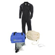 NSA Enespro ArcGuard 12 cal Coverall Arc Flash Kit, featuring an UltraSoft coverall, a blue NSA-branded carrying bag, a beige drawstring pouch, a white PureView faceshield, and clear safety goggles, all displayed neatly against a white background.