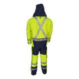 A person in NSA’s DRIFIRE FR DuoStorm Foul Weather Gear KITFR2LG2—yellow/navy with reflective silver stripes, featuring a hood, jacket, and pants—stands with their back to the camera.