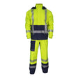 The NSA DRIFIRE FR DuoStorm Foul Weather Gear KITFR2LG2 is a high-visibility yellow/navy jacket and pants set with reflective stripes, offering flame resistance and arc flash protection for safety in low-light conditions.