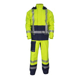 The NSA DRIFIRE FR DuoStorm Foul Weather Gear KITFR2LG2 is a high-visibility yellow/navy jacket and pants set with reflective stripes, offering flame resistance and arc flash protection for safety in low-light conditions.