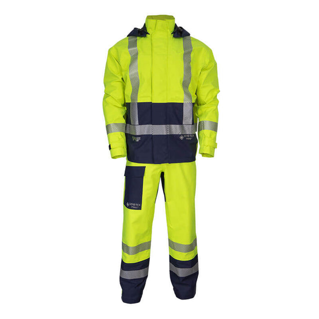 The NSA DRIFIRE FR DuoStorm Foul Weather Gear KITFR2LG2 is a high-visibility yellow/navy jacket and pants set with reflective stripes, offering flame resistance and arc flash protection for safety in low-light conditions.