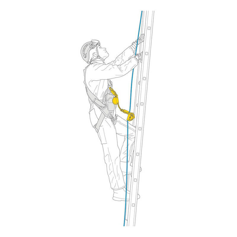 Illustration of a person in safety gear and helmet, climbing a vertical ladder using a blue rope and Petzl ASAP'SORBER L071AB0_ energy absorber with a yellow harness for fall protection.