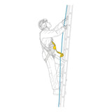 Illustration of a person in safety gear and helmet, climbing a vertical ladder using a blue rope and Petzl ASAP'SORBER L071AB0_ energy absorber with a yellow harness for fall protection.