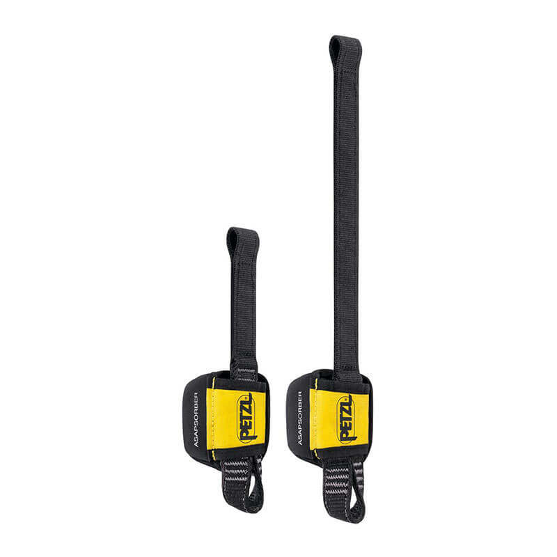 Two black adjustable straps with yellow Petzl-branded buckles, shown in two lengths. These foot straps are compatible with the Petzl ASAP'SORBER L071AB0_ energy absorber for enhanced fall protection during climbing or ascents.