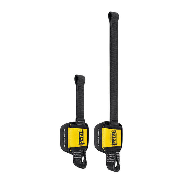 Two black adjustable straps with yellow Petzl-branded buckles, shown in two lengths. These foot straps are compatible with the Petzl ASAP'SORBER L071AB0_ energy absorber for enhanced fall protection during climbing or ascents.