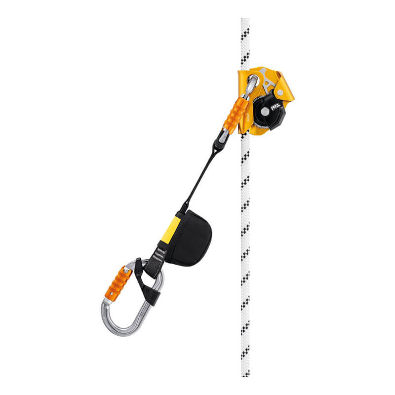 The Petzl ASAP'SORBER L071AB0_ by Petzl is a yellow and black rope ascender attached to a white rope with black markings, featuring a carabiner, safety lanyard, and energy absorber for improved fall protection.