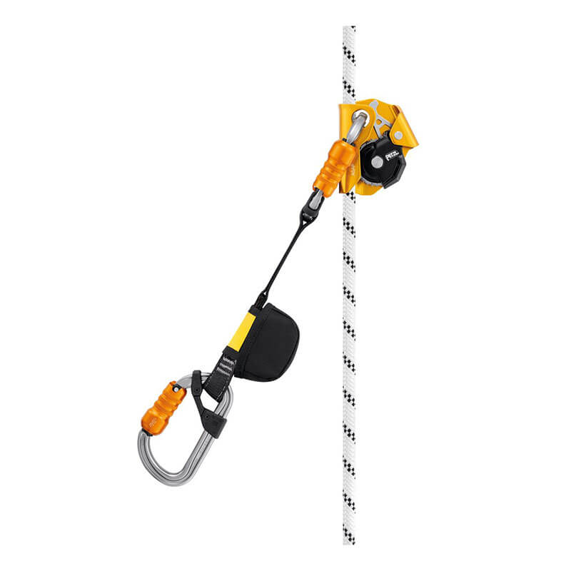 The Petzl ASAP'SORBER L071AB0_ from Petzl is a yellow and black rope ascender with a pulley, safety carabiner, adjustable strap, and integrated fall protection, shown attached to a white climbing rope.