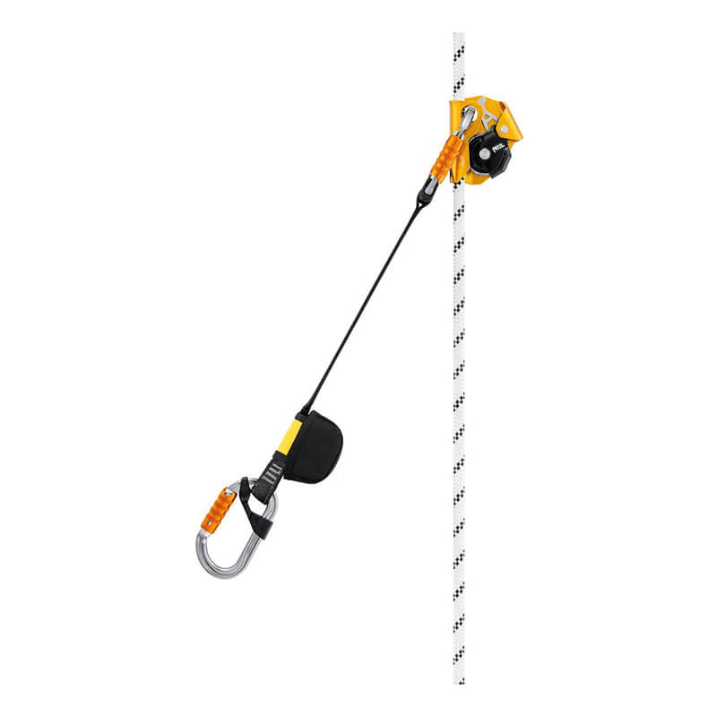 The Petzl ASAP'SORBER L071AB0_ by Petzl is a yellow and black fall arrest device with pulley, carabiner, lanyard, and energy absorber for climbing or fall protection, shown attached to a vertical white rope.