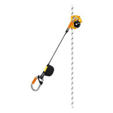 The Petzl ASAP'SORBER L071AB0_ by Petzl is a yellow and black fall arrest device with pulley, carabiner, lanyard, and energy absorber for climbing or fall protection, shown attached to a vertical white rope.