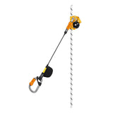 A yellow and black Petzl ASAP'SORBER L071AB0_ rope grab is attached to a vertical white climbing rope and linked to a safety lanyard with a carabiner, providing enhanced fall protection.
