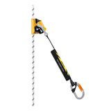 The Petzl ASAP'SORBER AXESS L071CC00, a yellow and black energy absorber from Petzl, attaches to a white rope with black markings and a carabiner—ideal for rope access fall protection.