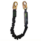 The Frontline Patriot 6' Single Leg Elastic Lanyard with Snaphooks by Frontline Fall Protection features high-strength black polyester webbing, two gold-colored snap hooks, a shock absorber, and bungee-style stretch construction for added safety.