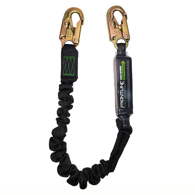 The Frontline Patriot 6' Single Leg Elastic Lanyard with Snaphooks by Frontline Fall Protection features high-strength black polyester webbing, two gold-colored snap hooks, a shock absorber, and bungee-style stretch construction for added safety.