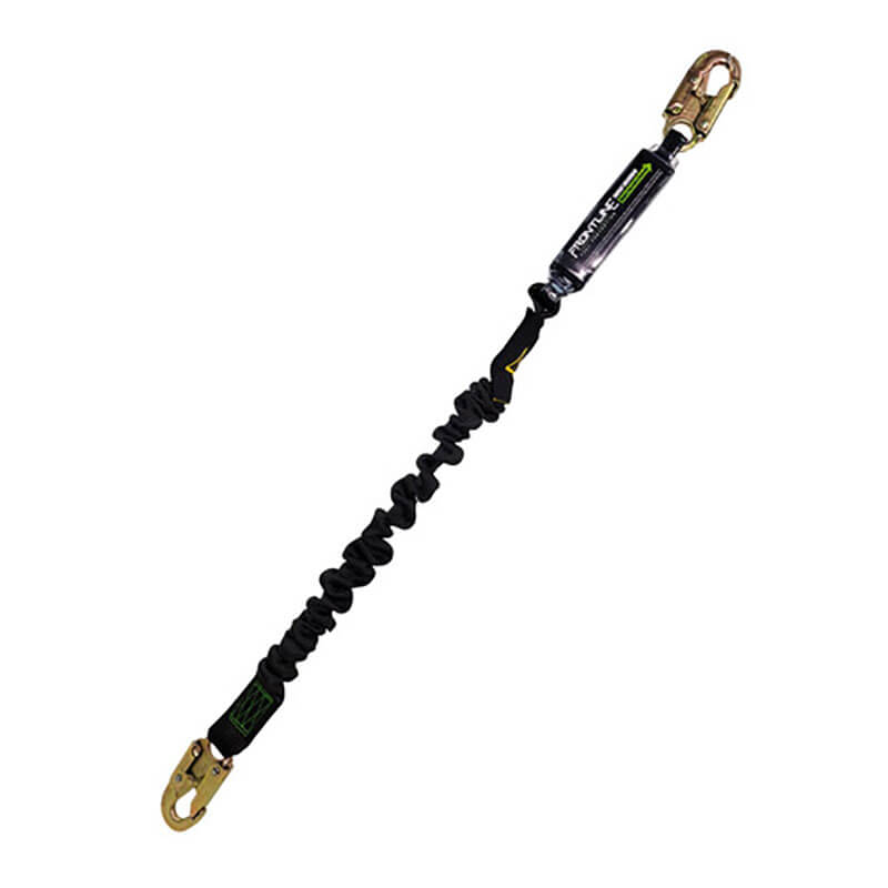 The Frontline Fall Protection Patriot 6' Single Leg Elastic Lanyard with Snaphooks is a black and yellow, high-strength polyester shock-absorbing lanyard designed for fall protection in construction or industrial settings.