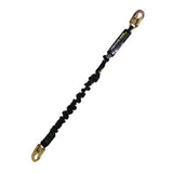 The Frontline Fall Protection Patriot 6' Single Leg Elastic Lanyard with Snaphooks is a black and yellow, high-strength polyester shock-absorbing lanyard designed for fall protection in construction or industrial settings.