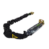 The Frontline Fall Protection Patriot 6' Single Leg Elastic Lanyard features high-strength polyester webbing, snaphooks on both ends, a "Frontline" shock absorber pack, and a yellow warning symbol on its protective sleeve.