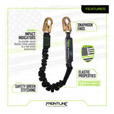 The Frontline Patriot 6' Single Leg Elastic Lanyard with Snaphooks by Frontline Fall Protection is shown on a white background, highlighting its snap hooks, elastic design, high-strength polyester webbing, green stitching, and impact indicators. Logo is visible.
