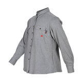 The ForgeFR Forge FR Ladies Knit Shirt LFRB1PS026 is a gray long-sleeve button-up shirt with a collar and two chest pockets. One pocket is accented with a small red logo. Designed as ideal workwear, it offers flame resistance for both style and safety. It is displayed on an invisible mannequin against a white background.