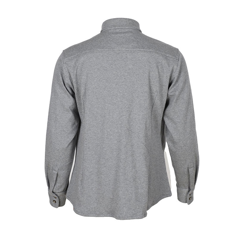 Back view of the ForgeFR Ladies Knit Shirt LFRB1PS026, a long-sleeve flame-resistant shirt in gray, featuring a collar and buttoned cuffs, displayed on a plain white background.