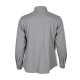 Back view of the ForgeFR Ladies Knit Shirt LFRB1PS026, a long-sleeve flame-resistant shirt in gray, featuring a collar and buttoned cuffs, displayed on a plain white background.
