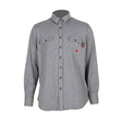 Introducing the ForgeFR Ladies Knit Shirt LFRB1PS026: This long-sleeved, button-up shirt in gray offers both style and safety. It includes two buttoned chest pockets, a folded collar, and a subtle red embroidered drop logo on the left side for added flair. Designed for functional workwear with a touch of casual elegance.