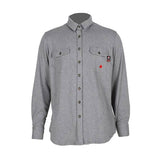 Introducing the ForgeFR Ladies Knit Shirt LFRB1PS026: This long-sleeved, button-up shirt in gray offers both style and safety. It includes two buttoned chest pockets, a folded collar, and a subtle red embroidered drop logo on the left side for added flair. Designed for functional workwear with a touch of casual elegance.