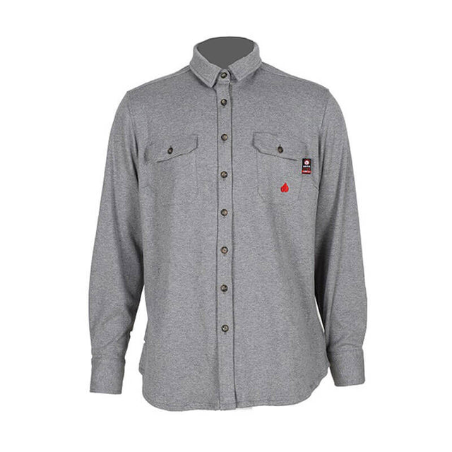 Introducing the ForgeFR Ladies Knit Shirt LFRB1PS026: This long-sleeved, button-up shirt in gray offers both style and safety. It includes two buttoned chest pockets, a folded collar, and a subtle red embroidered drop logo on the left side for added flair. Designed for functional workwear with a touch of casual elegance.