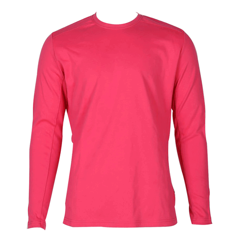 A vibrant pink long-sleeve shirt, photographed from behind to highlight its crew neckline and minimalist design. The ForgeFR Ladies Crew Neck Tee LFRCNT-001 is flame-resistant, smooth, and lightweight with an Arc Rating ATPV 11 cal/cm2, providing style along with crucial protection.
