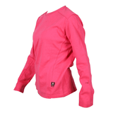 The ForgeFR Ladies Crew Neck Tee (LFRCNT-001), a plain long-sleeved bright pink women's top, is shown on a mannequin torso angled to the right with a small black tag near the hem.