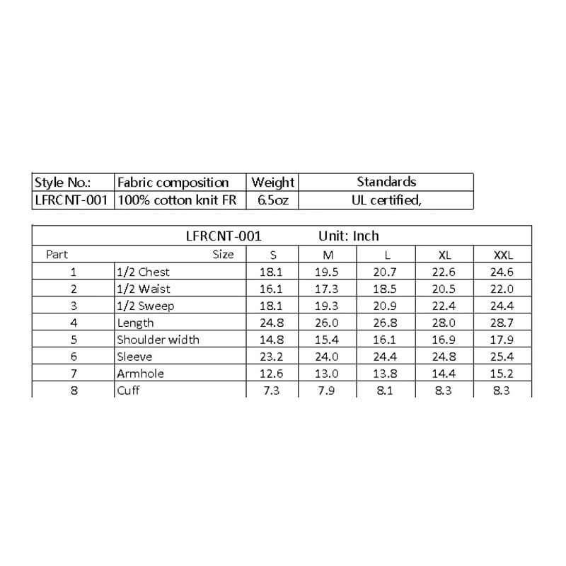 The ForgeFR LFRCNT-001 Ladies Crew Neck Tee size chart shows chest, waist, sweep, length, shoulder width, sleeve, armhole, and cuff measurements (in inches) for sizes S-XXL; 100% cotton knit FR.