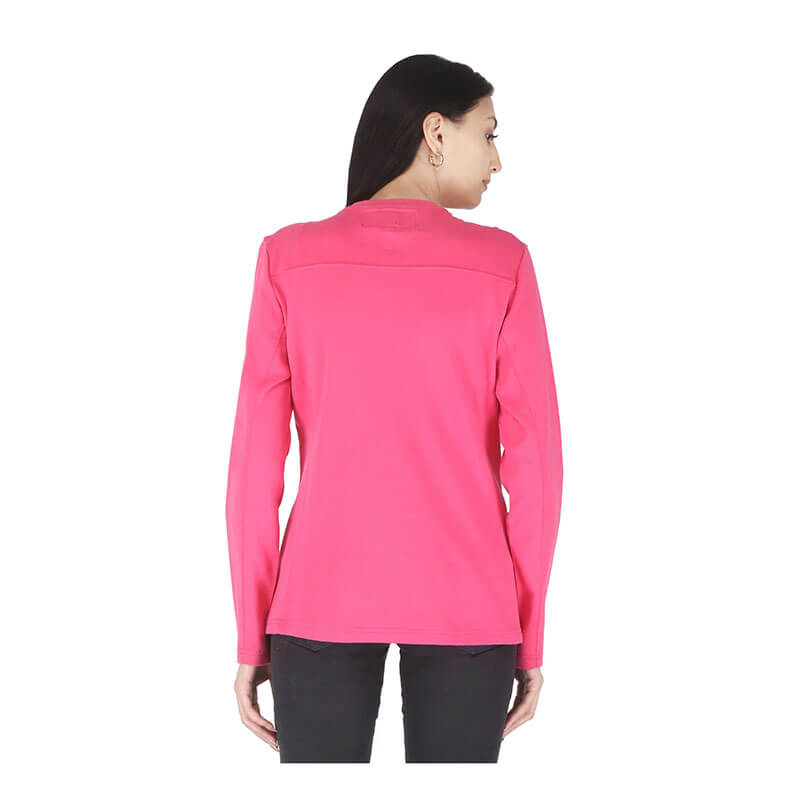A woman with long dark hair is seen from the back, wearing a bright pink ForgeFR Ladies Crew Neck Tee (LFRCNT-001) and black pants against a plain white background.