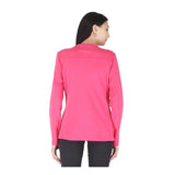 A woman with long dark hair is seen from the back, wearing a bright pink ForgeFR Ladies Crew Neck Tee (LFRCNT-001) and black pants against a plain white background.