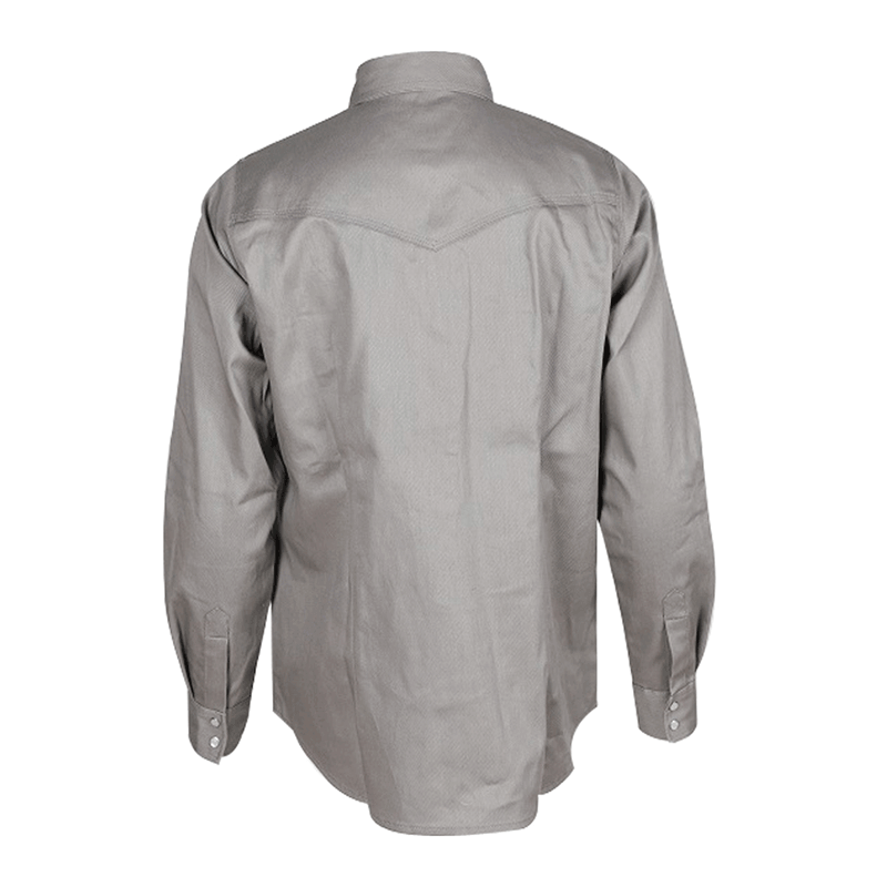 The ForgeFR Ladies Solid Snap Shirt LFRSLD is a long-sleeved, light gray flame resistant work shirt shown from the back, with a pointed yoke and buttoned cuffs—ideal for dependable protection.